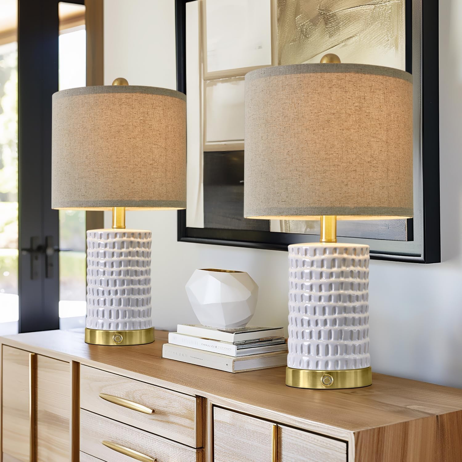 PORTRES 19 Farmhouse 3-Way Dimmable Touch Ceramic Table Lamp Set of 2 White Bedside Lamps for Bedroom Lamps for Living Room Nightstand Lamp End Table lamps with USB A C Charging Ports(Bulbs Included)